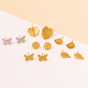 Detailansicht von 6 Paar Vintage 304 Edelstahl Blatt und Schmetterling Ohrsteckern