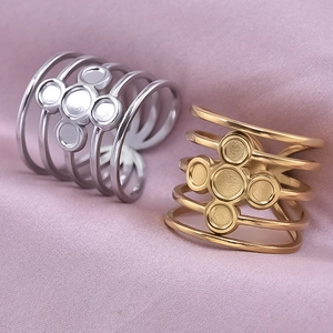 Retro multi-layer stainless steel open ring in gold and silver with hollow floral design