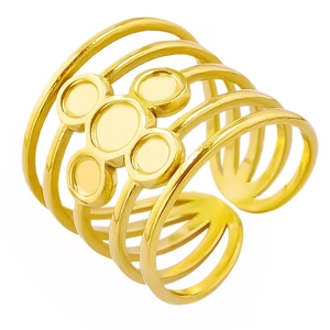 Minimalist adjustable gold layered ring with five circular settings in a cross shape