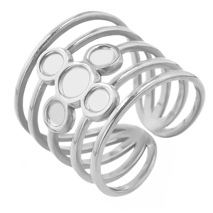 Detail of multi-layer open adjustable ring with five disc star design in 304 stainless steel