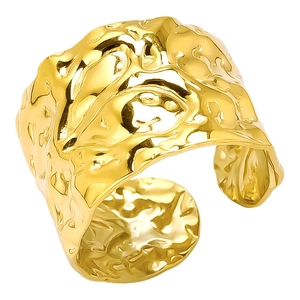 Irregular textured gold 304 stainless steel open ring with a unique lava flowing design