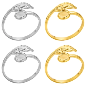 French Style 304 Stainless Steel Leaf Ring Adjustable Vacuum 18K Gold Plated Leaf Feather Wrap Open Ring For Women Jewelry Gift