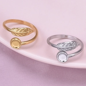 French design 304 stainless steel leaf rings in gold and silver with DIY setting base