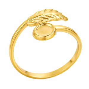 French design 304 stainless steel open leaf ring with 18K gold plating and adjustable band