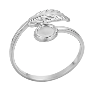Macro view of adjustable stainless steel ring featuring leaf detail and circular inlay base