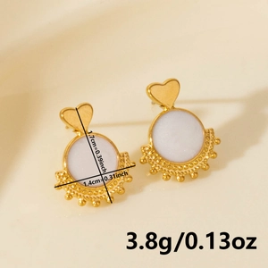 Detail view of 304 stainless steel heart and circle earrings with size and weight specs