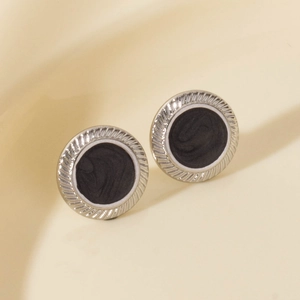 Runde Ohrstecker aus 304 Edelstahl mit schwarzer Emaille und silberner Sonnenstruktur