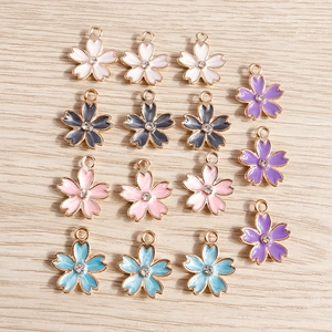Sweet Alloy Enamel Cherry Blossom Flower Charms With Rhinestone Center Delicate Sakura Pendants For DIY Jewelry Making Crafts