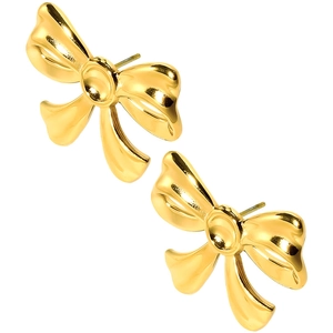 Macro shot of polished gold bow stud earrings in 304 stainless steel with a glossy finish