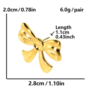 Detailed size specifications for gold bow stud earrings in 304 stainless steel