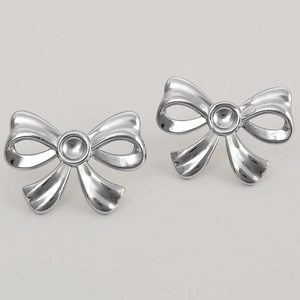 Close-up of polished 304 stainless steel bow earrings base with silver metal finish