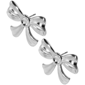 Macro detail of polished stainless steel bow stud earrings with a shiny silver metallic finish