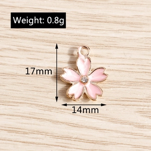 Detailed view of cherry blossom pendant showing 17mm size and pink enamel finish