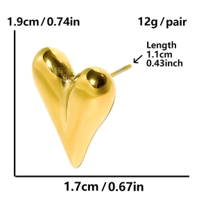 Detaillierte Größentabelle für goldene Herzohrringe mit 1,9 cm Höhe und 1,7 cm Breite