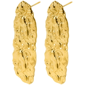 Minimalist gold 304 stainless steel long earrings with irregular hammered lava texture