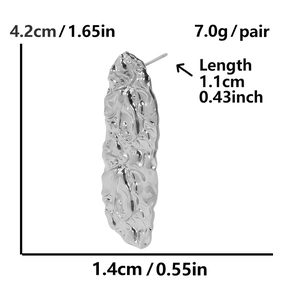 Macro detail of irregular hammered 304 stainless steel earrings with product dimensions