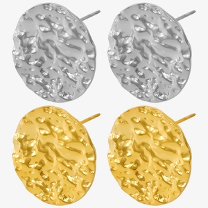 Vintage Stainless Steel Hammered Round Stud Earrings For Women Gold Silver Plated Crumpled Metallic Minimalist Jewelry