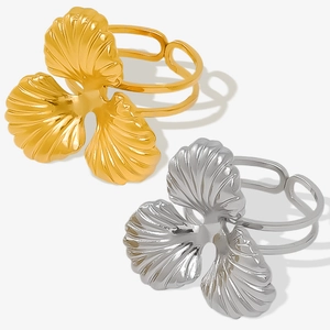 Adjustable 304 stainless steel rings with gold and silver ginkgo leaf design