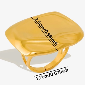 Detail showing irregular gold liquid metal texture and dimensions for open ring