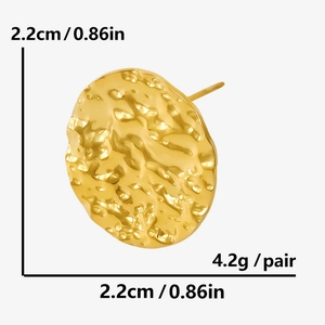 Detail view of gold pleated oval stud earrings with size and weight measurements