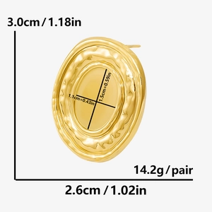 Detailed size view of oval gold 304 stainless steel earrings with wavy texture