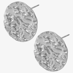 Macro shot of silver stud earrings featuring irregular hammered fold textures and artistic finish