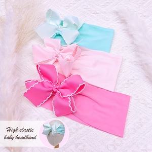 Three-piece high elastic baby headbands with large ribbed bows in mint, pink and rose red
