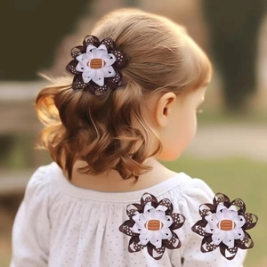 Barrettes à Fleurs Football Nœud Marron à Pois Ruban Gros-Grain Pinces Crocodiles Recouvertes Bijoux de Cheveux