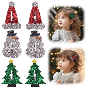 Kids Christmas Hair Clips Glitter Sequin Santa Hat Snowman Tree Design Festive Holiday Hair Accessories For Girls Decor