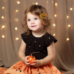 Close-up of glitter orange pumpkin hair clip worn by a child for Halloween party outfit