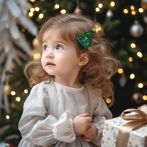 Close-up of a green glitter Christmas tree hair clip with a yellow star on a child