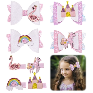 Barrettes à Cheveux Nœud Papillon en Cuir PU Pailleté pour Enfants Château Cygne Arc-en-Ciel Licorne Accessoires Cheveux