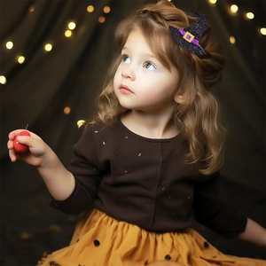 Close-up of a child wearing a glittery black witch hat hair clip with purple ribbon detail