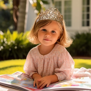 Gros plan d'une petite fille avec un bandeau couronne à paillettes dorées et ruban argent