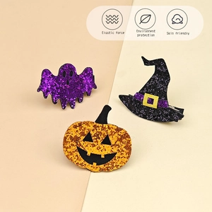 Halloween glitter hair clips set featuring pumpkin, ghost, and witch hat for kids party