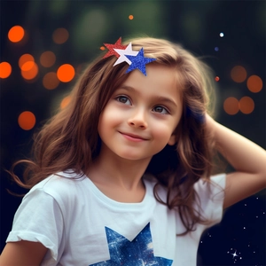 Close-up of a young girl wearing glitter star hair clips in red, white, and blue colors
