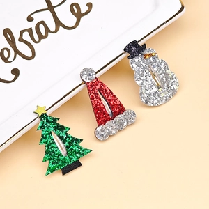 Three-piece Christmas glitter hair clips with snowman, Santa hat, and tree designs