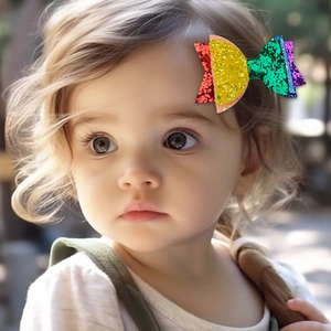 Dettaglio di un fermaglio a fiocco glitter arcobaleno indossato da una bambina