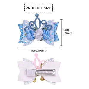 Size guide for blue glitter floral crown hair bow clip showing 7.5cm width and 4.5cm height