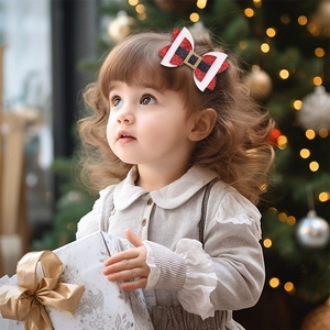 Kleinkind trägt eine rot-weiße Glitzerschleife mit Plüschbesatz zu Weihnachten im Haar