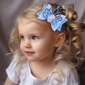 Close-up of a blue glitter hair bow with floral and crown accents on a child model