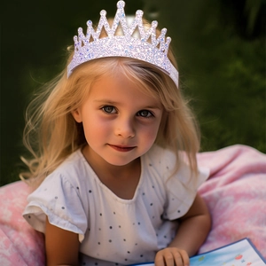Vue détaillée d'un bébé portant un bandeau couronne pailleté argenté sur un tapis rose