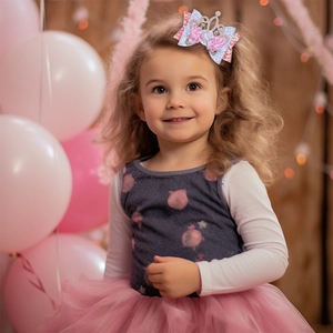 Detail of child's hair clip featuring a glittery bow, pink flower, and silver crown