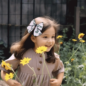 Gros plan d'une fille portant un nœud de cheveux blanc avec des motifs de feuilles vertes