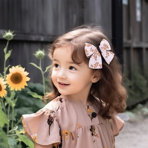 Gros plan d'un nœud papillon en coton à fleurs porté par une petite fille en extérieur