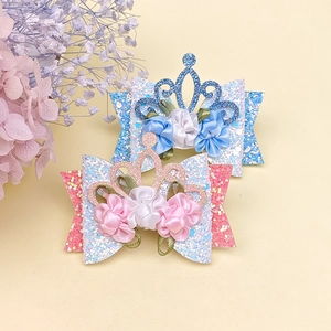 Pair of glitter PU leather bow hair clips with crowns and ribbon flowers for girls