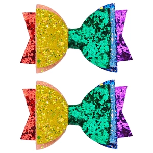 Paio di fermagli per capelli arcobaleno con glitter per bambine in pelle PU lucida