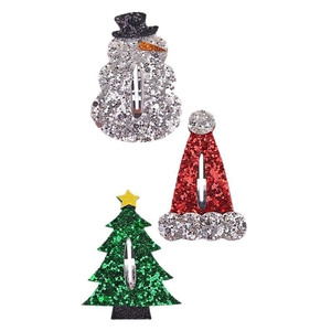 Glittery Christmas hair clip set featuring snowman, Santa hat, and star tree designs