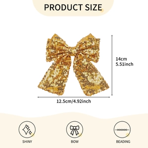 Shiny gold sequin bow hair clip for girls, size 5.51x4.92 inches with embroidered details