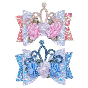 Glitzernde Kronen und Blumen-Haarspangen für Mädchen, Set in Rosa und Blau Designs